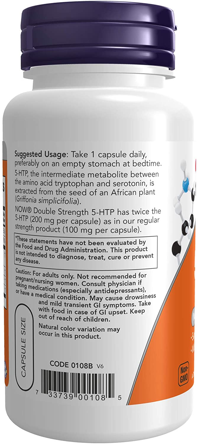 NOW Foods Supplements, 5-HTP (5-hydroxytryptophan) 200 mg, Double Strength, Neurotransmitter Support*, 60 Veg Capsules