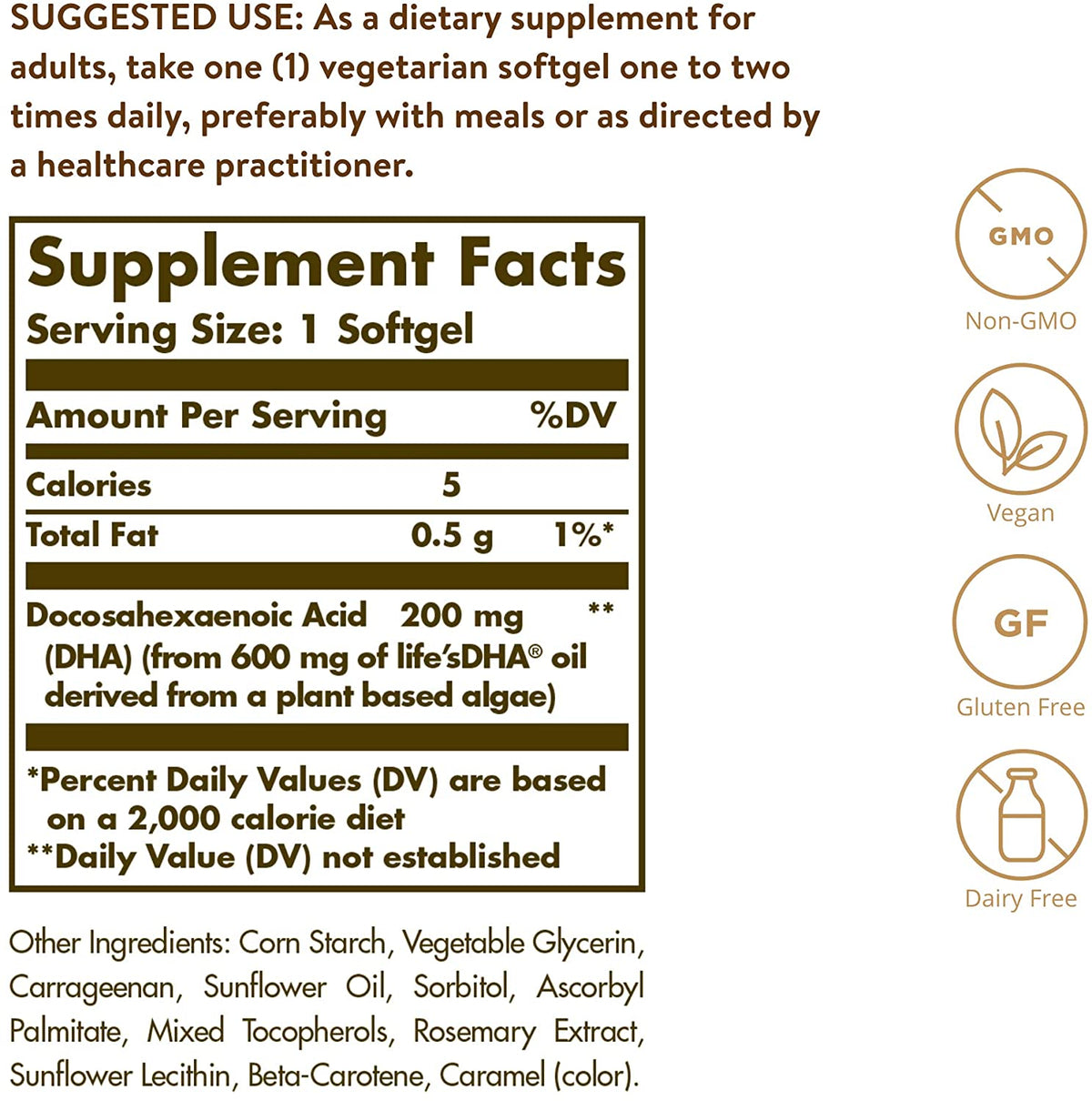 Solgar Vegetarian DHA 200 mg - 50 Vegetarian Softgels - Naturally Sourced Omega-3 - Vegan, Gluten Free, Dairy Free - 50 Servings