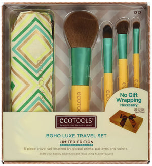Ecotools Limited Edition Bamboo Boho Luxe Travel Make Up Brush Set, With 4 Travel Size Brushes with Globaly Inspired Cosmetic Bag; Includes Card, Bow, and Box, Great Gift Edition