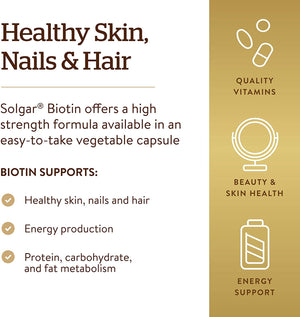 Solgar Biotin 1000 mcg - 100 Vegetable Capsules - Supports Healthy Skin, Nails & Hair - Non-GMO, Vegan, Gluten Free, Dairy Free, Kosher - 100 Servings