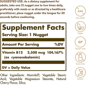 Solgar Vitamin B12 2500 mcg, 60 Nuggets - Energy Metabolism, Nervous System Support, Heart Health - Non-GMO, Vegan, Gluten Free, Dairy Free, Kosher, Halal - 60 Servings
