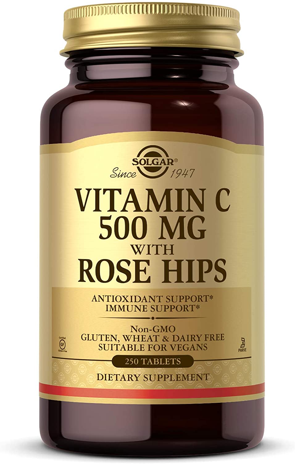 Solgar Vitamin C 500 mg with Rose Hips, 250 Tablets - Antioxidant &amp; Immune Support - Overall Health - Supports Healthy Skin &amp; Joints - Non GMO, Vegan, Gluten Free, Dairy Free, Kosher - 250 Servings