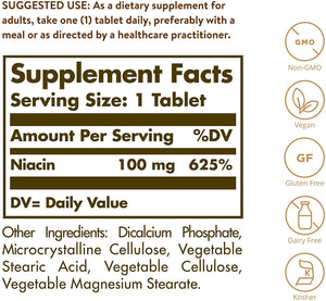Solgar Niacin (Vitamin B3) 100 mg - 100 Tablets - Supports Energy Metabolism - Non-GMO, Vegan, Gluten Free, Dairy Free, Kosher - 100 Servings