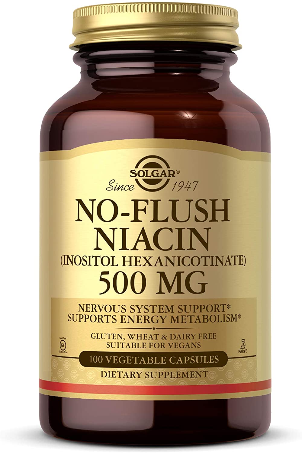 SOLGAR No-Flush Niacin 500 mg - 100 Vegetable Capsules - Supports Energy Metabolism &amp; Nervous System - Vegan, Gluten &amp; Dairy Free, Kosher - 100 Servings