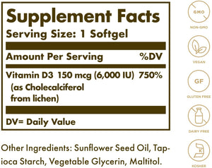 Solgar Vegan Vitamin D3 (Cholecalciferol) 150 mcg (6,000 IU) - 50 Softgels - Immune Support - Helps Maintain Healthy Bones & Teeth - Non-GMO, Certified Vegan, Gluten & Dairy Free - 50 Servings