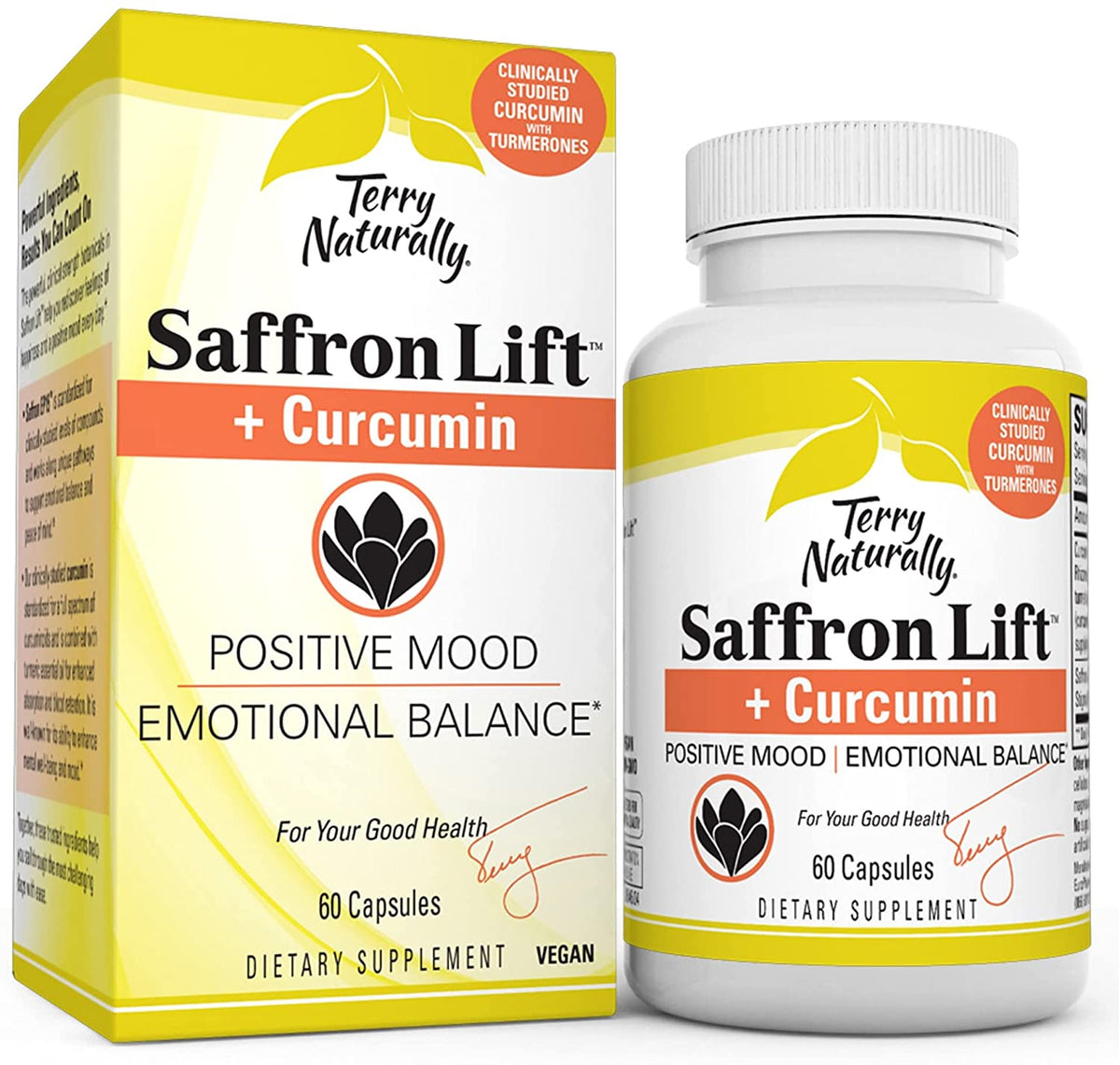 Terry Naturally Saffron Lift Plus Curcumin - 60 Vegan Capsules - Positive Mood & Emotional Balance Supplement - Non-GMO, Gluten-Free - 60 Servings