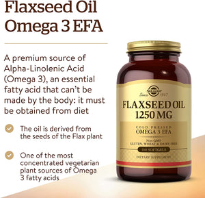 Solgar Flaxseed Oil 1250 mg - 100 Softgels, Pack of 2 - Concentrated Plant Source of Omega-3 Alpha-Linoleic Acid (ALA) - Non-GMO, Gluten Free - 100 Total Servings