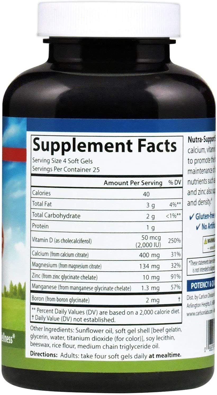Carlson - Nutra-Support Bone, Calcium, Magnesium & Vitamin D3, Bone Health, Calcium Absorption & Optimal Wellness, 100 Softgels