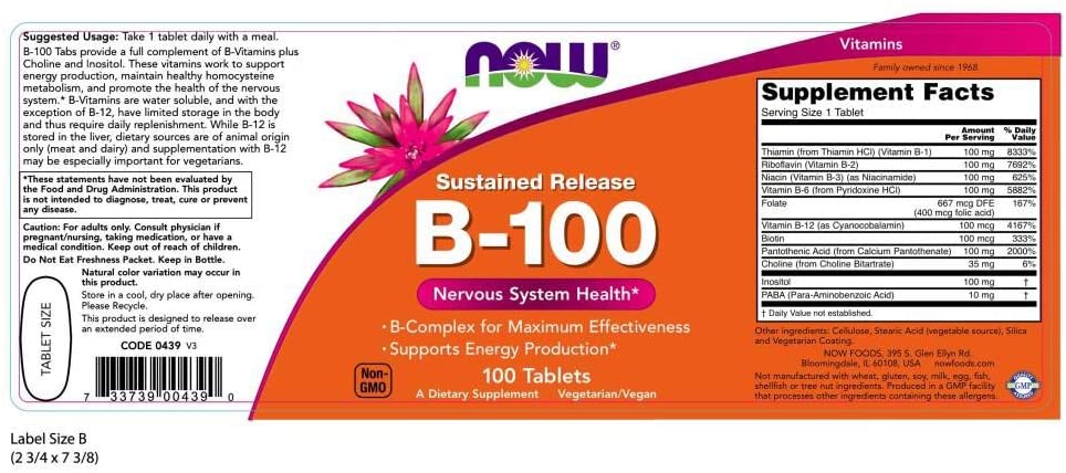 NOW Supplements, Vitamin B-100, Sustained Release, Energy Production*, Nervous System Health*, 100 Tablets