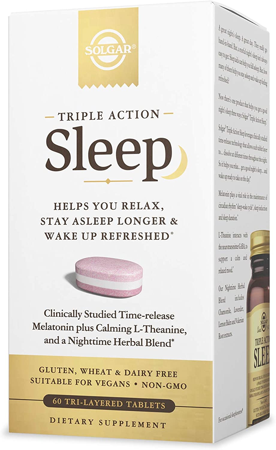 Solgar Triple Action Sleep, 60 Tri-Layer Tablets - Time-Release Melatonin &amp; L-Theanine Plus Herbal Blend - Helps You Relax, Fall Asleep Fast &amp; Stay Asleep Longer - Non-GMO, Gluten Free - 60 Servings