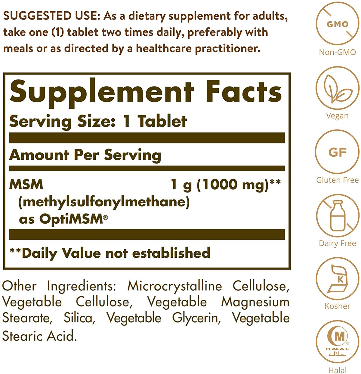 Solgar MSM 1000 mg - 120 Tablets - Supports Joints &amp; Connective Tissue - Non-GMO, Vegan, Gluten Free, Dairy Free, Kosher, Halal - 120 Servings