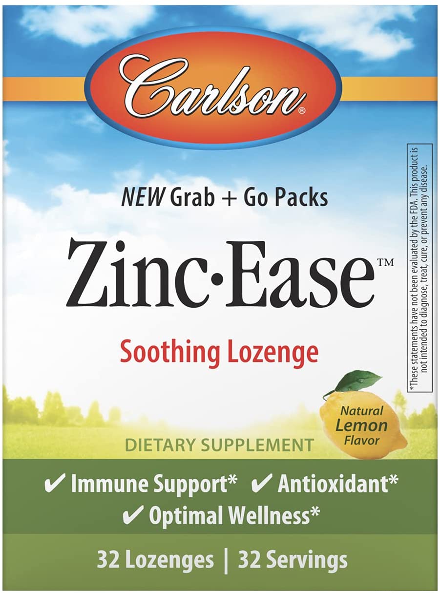 Carlson - Zinc-Ease, Soothing Lozenge, Immune Support & Optimal Wellness, Antioxidant, Lemon (32 Lozenges)