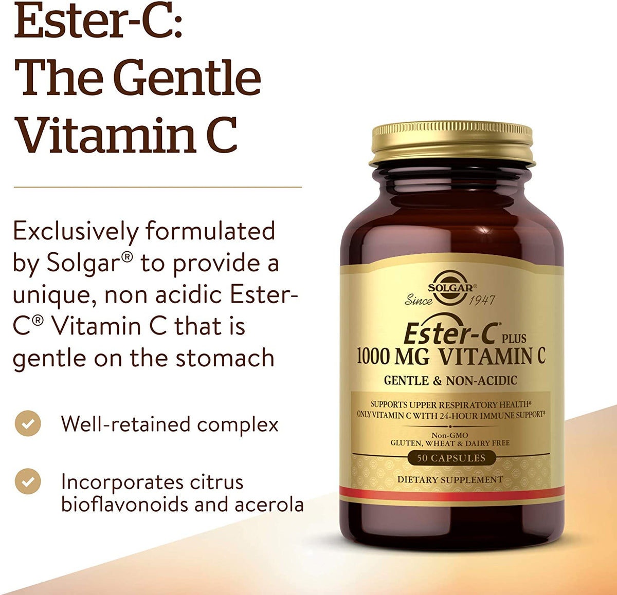 Ester-C Plus 1000 mg Vitamin C with Citrus Bioflavonoids - 50 Capsules - Gentle &amp; Non Acidic - 24-Hour Immune Support, Supports Upper Respiratory Health - Non-GMO, Gluten Free - 50 Servings
