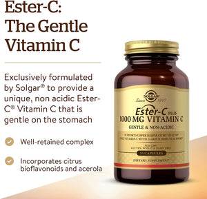 Ester-C Plus 1000 mg Vitamin C with Citrus Bioflavonoids - 50 Capsules - Gentle & Non Acidic - 24-Hour Immune Support, Supports Upper Respiratory Health - Non-GMO, Gluten Free - 50 Servings