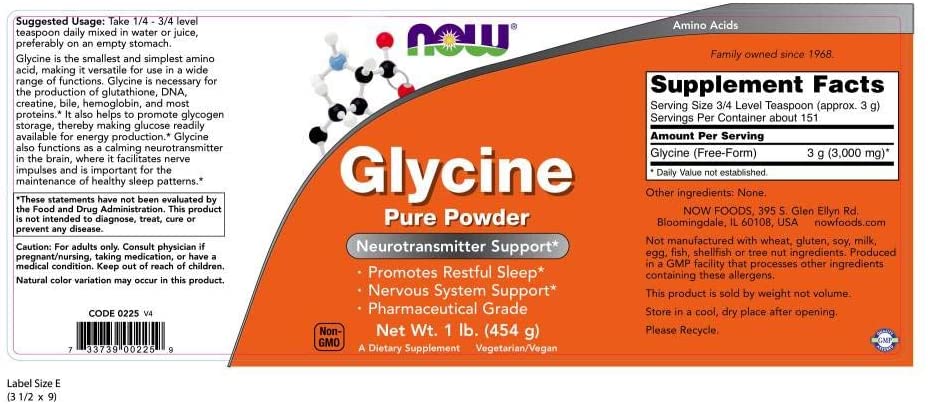NOW Foods Supplements, Glycine Pure Powder, Promotes Restful Sleep*, Neurotransmitter Support*, 1-Pound