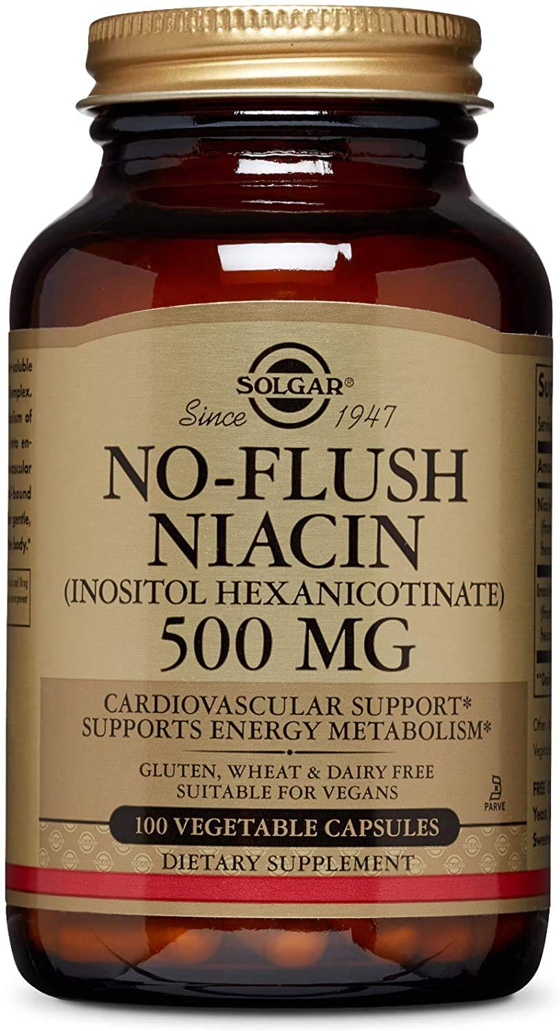 Solgar No-Flush Niacin 500 mg, 50 Vegetable Capsules - Vitamin B3 - Cardiovascular Support - Energy Metabolism -  No-Flush Delivery - Non-GMO, Vegan, Gluten Free, Dairy Free, Kosher - 50 Servings
