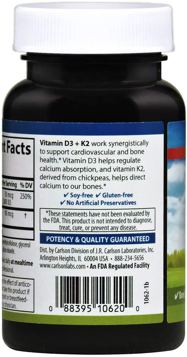 Carlson - Vitamin D3 + K2, 50 mcg (2000 IU) Vitamin D3 &amp; 90 mcg Vitamin K2 as MK7, Bone Support, Calcium Absorption, 120 Capsules