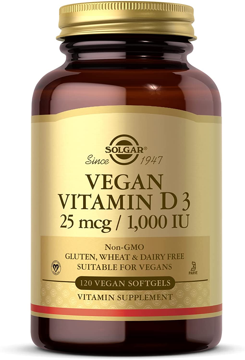 Solgar Vegan Vitamin D3 (Cholecalciferol) 25 mcg (1,000 IU) - 120 Softgels - Immune Support - Helps Maintain Healthy Bones &amp; Teeth - Non-GMO, Certified Vegan, Gluten &amp; Dairy Free - 120 Servings