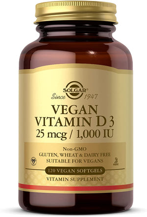 Solgar Vegan Vitamin D3 (Cholecalciferol) 25 mcg (1,000 IU) - 120 Softgels - Immune Support - Helps Maintain Healthy Bones & Teeth - Non-GMO, Certified Vegan, Gluten & Dairy Free - 120 Servings