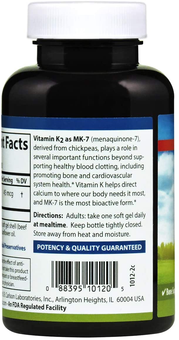 Carlson Labs Vitamin K2-7 45 MCG Mineral Supplement Softgels, 180 Count