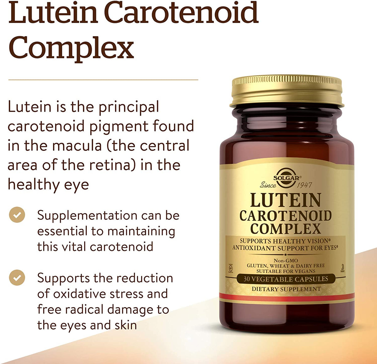 Solgar Lutein Carotenoid Complex, 30 Vegetable Capsules - Supports Healthy Vision - Antioxidant Support For Eyes - Gluten Free, Dairy Free, Kosher - 30 Servings
