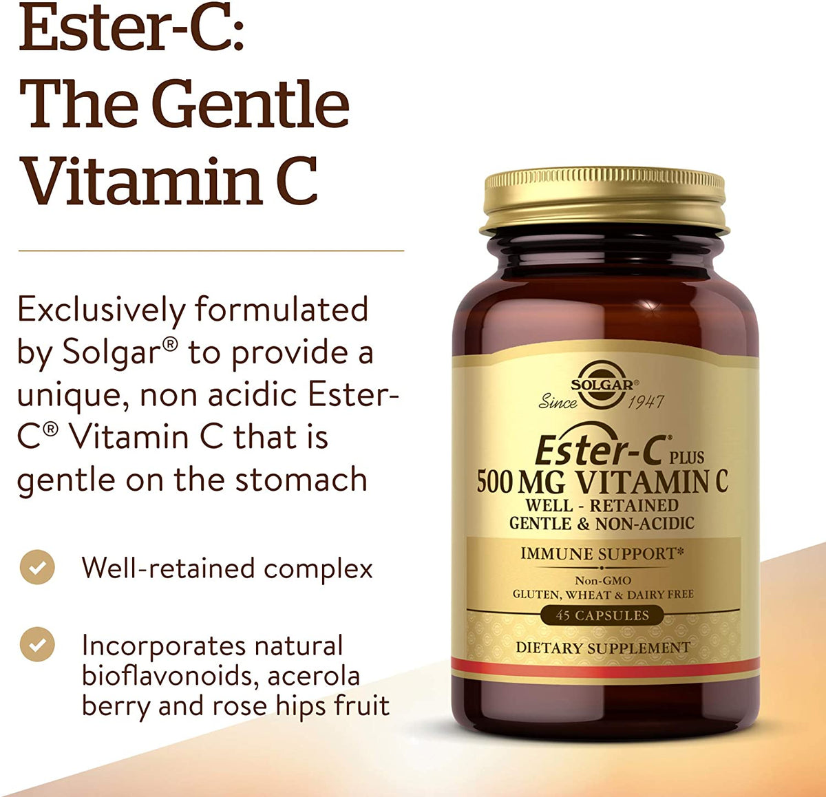 Solgar Ester-C Plus 500 mg Vitamin C with Citrus Bioflavonoids - 45 Capsules - Gentle &amp; Non Acidic, Well Retained - 24-Hour Immune Support - Non-GMO, Gluten Free - 45 Servings