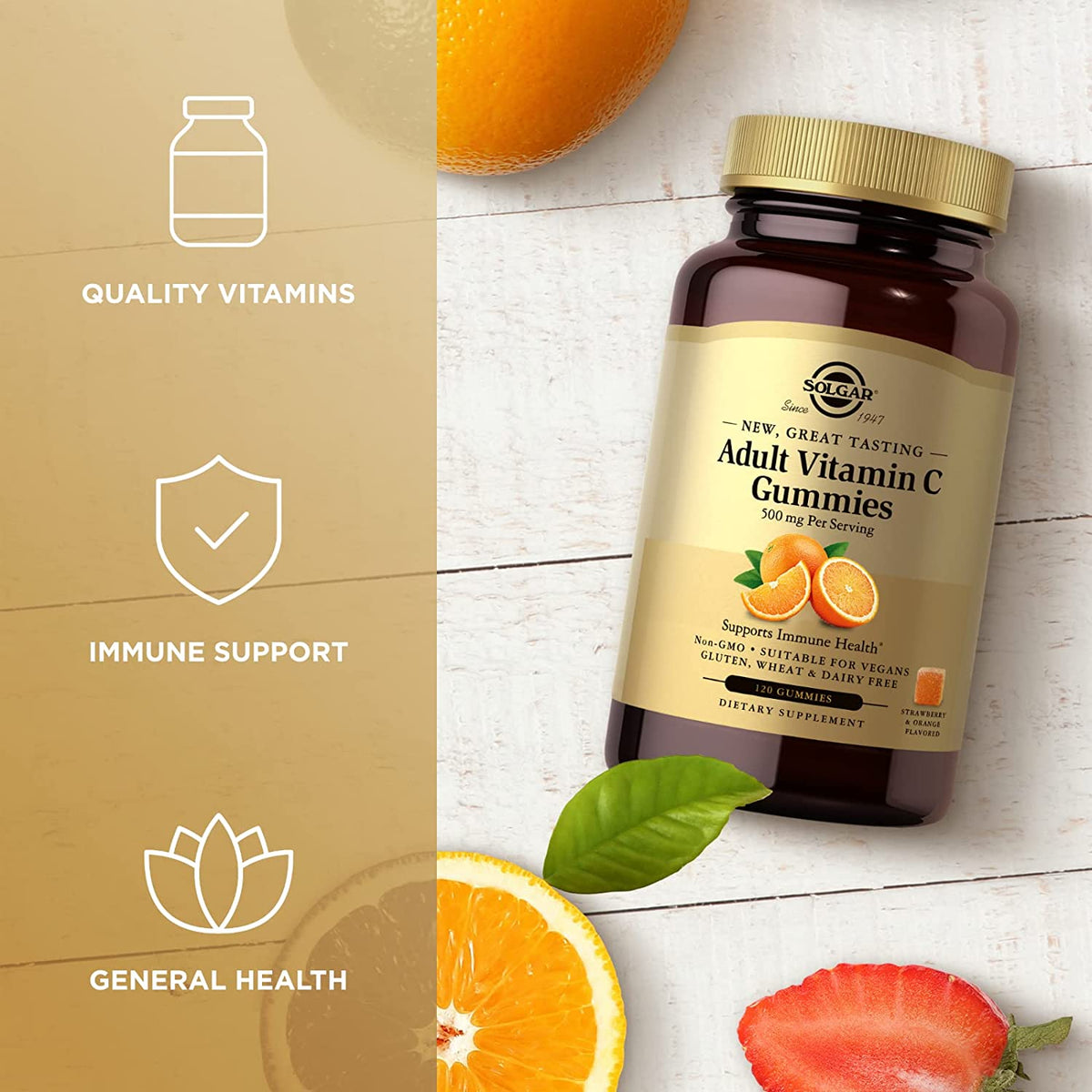 Solgar Adult Vitamin C 500 mg Gummies, Great-Tasting Strawberry Orange Flavor, Supports Immune Health, Non-GMO, Vegan, Gluten &amp; Dairy Free, 30 Servings, 120 Count