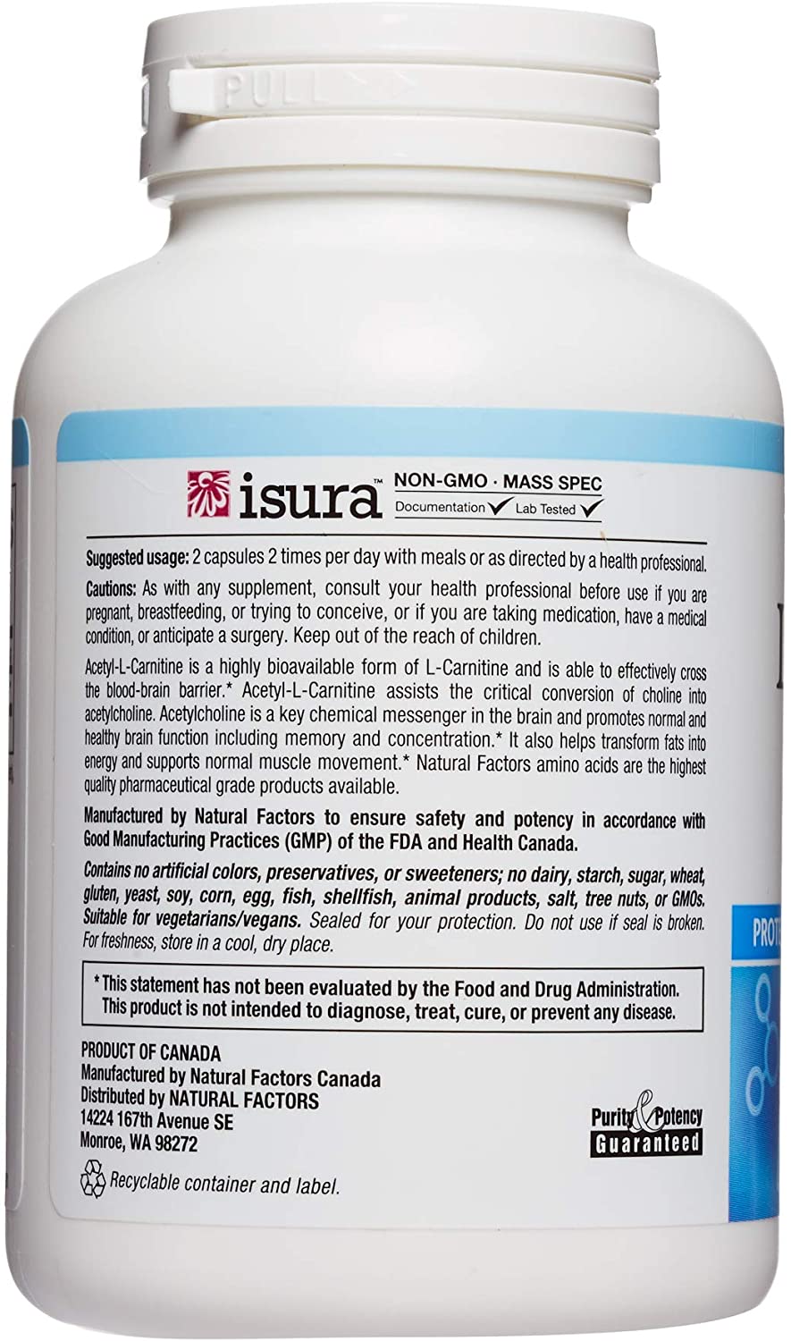 Natural Factors, Acetyl L-Carnitine 500 mg, Promotes a Healthy Memory, Concentration and Brain Function, 120 capsules (60 servings)