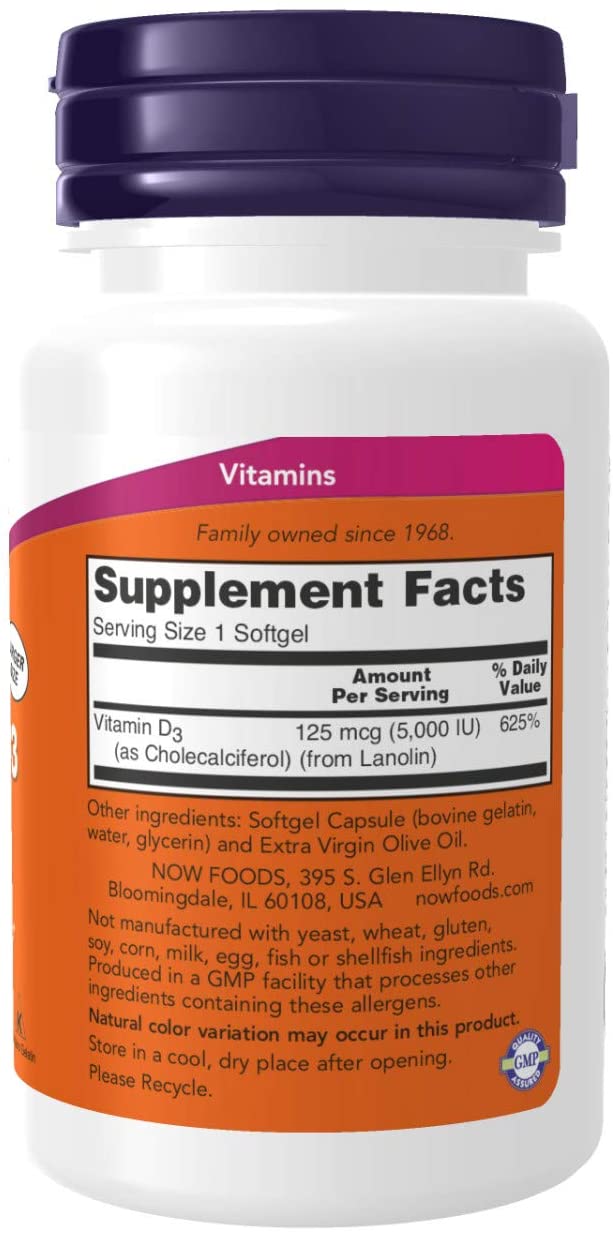 NOW Foods Supplements, Vitamin D-3 5,000 IU, High Potency, Structural Support*, 240 Softgels