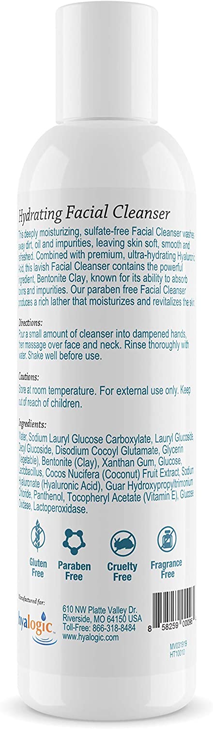 HA Face Wash, Hyaluronic Acid Facial Cleanser – Moisturizing, Paraben-Free Daily Face Scrub with Bentonite Clay – Get Youthful, Glowing Skin Naturally! (8 oz.) by Hyalogic