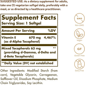 Solgar Vitamin E 670 mg (1000 IU), 100 Vegetarian Softgels - Natural Antioxidant, Skin & Immune System Support - Naturally-Sourced Vitamin E - Non-GMO, Vegan, Gluten Free, Dairy Free - 100 Servings