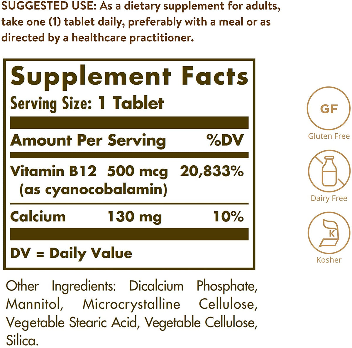 Solgar Vitamin B12 500 mcg - 100 Tablets - Vegan, Gluten Free, Dairy Free, Kosher - 100 Servings