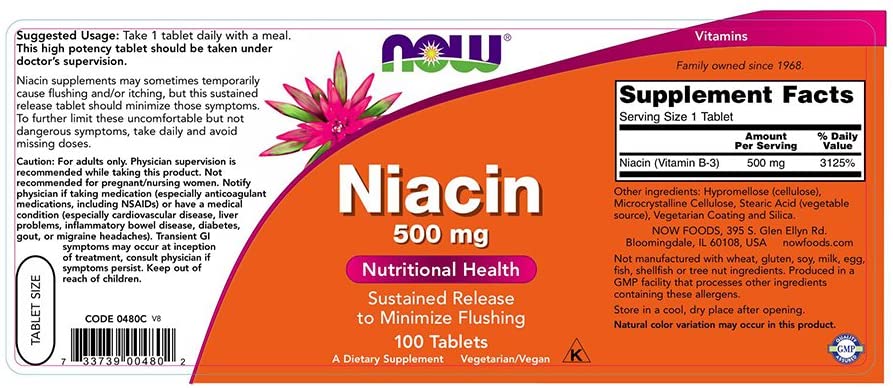 NOW Foods Niacin Sustained Release, 500 mg, 100 Tablets