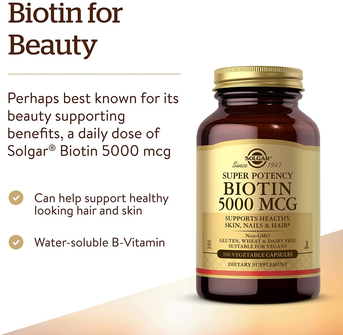Solgar Biotin 5000 mcg - Promote Healthy Skin, Nails &amp; Hair - Supports Energy Production, Protein, Carbohydrate &amp; Fat Metabolism - Vitamin B - Non GMO, Vegan, Gluten Free - 100 Servings, Unflavored, Standard Packaging, 100 Count