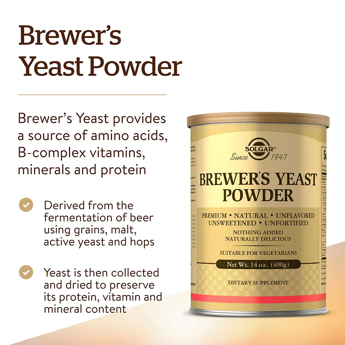 Solgar Brewer&#39;s Yeast Powder, 14 oz - Rich Source of Amino Acids, B-Complex Vitamins, Minerals, &amp; Protein - Natural, Unflavored, Unsweetened - Dairy Free, Vegetarian - 13 Servings