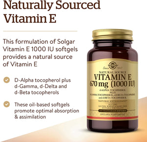 Solgar Vitamin E 670 mg (1000 IU), 100 Vegetarian Softgels - Natural Antioxidant, Skin & Immune System Support - Naturally-Sourced Vitamin E - Non-GMO, Vegan, Gluten Free, Dairy Free - 100 Servings