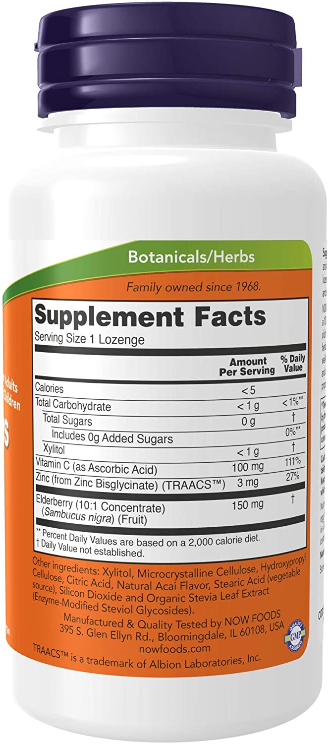 NOW Foods Sambucus Zinc C Elderberry, 60 Lozenges