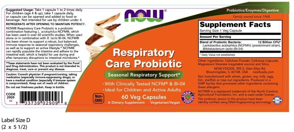 NOW Supplements, Respiratory Care Probiotic, with Clinically Tested NCFM® &amp; BI-04, 60 Veg Capsules