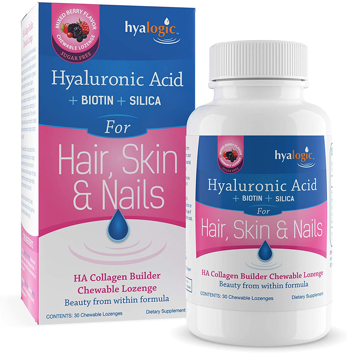 Hyalogic Hyaluronic Acid For Hair Skin &amp; Nails Mixed Berry, 30 Chewable Lozenges