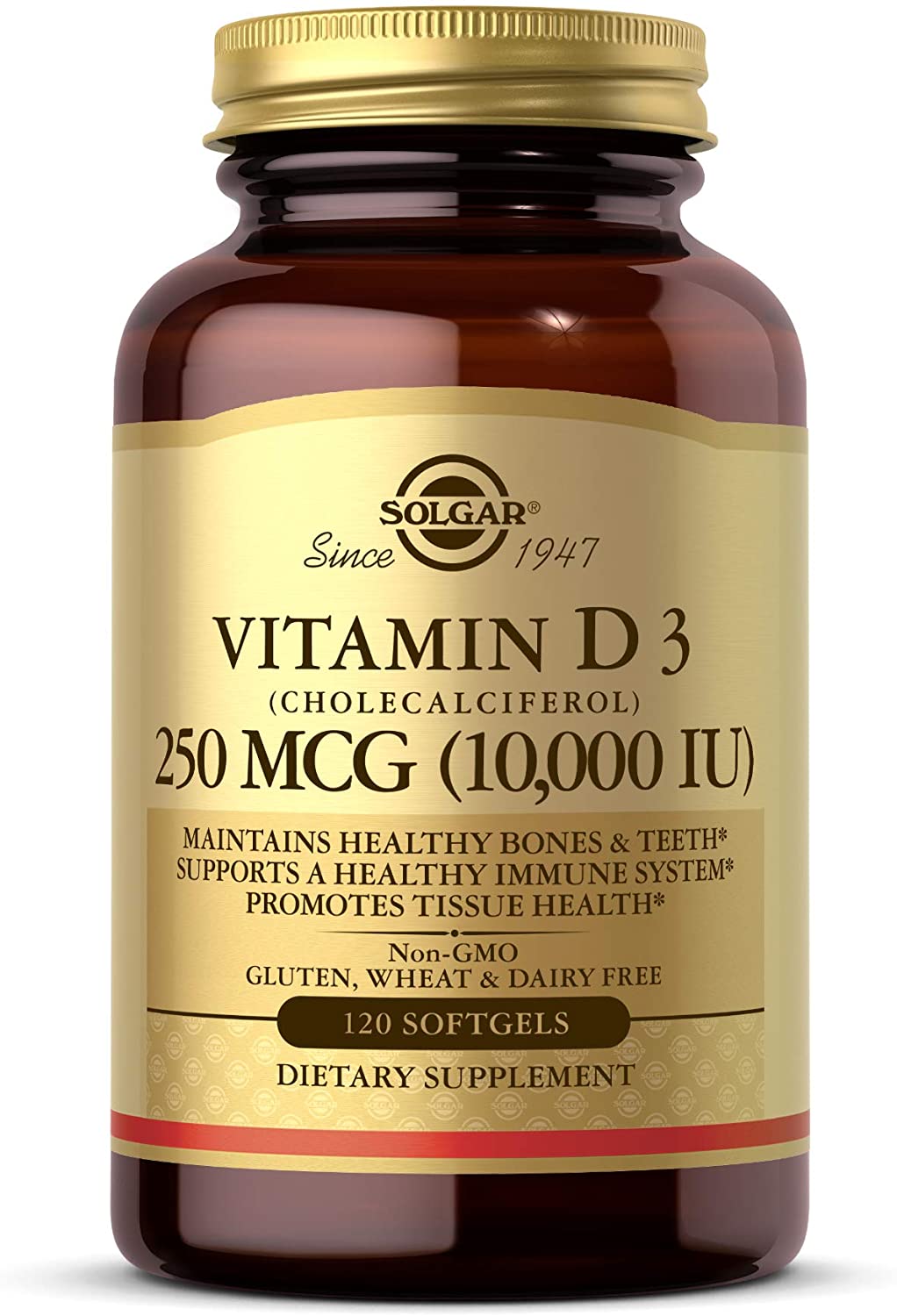 Solgar Vitamin D3 (Cholecalciferol) 250 MCG (10,000 IU), 120 Softgels - Helps Maintain Healthy Bones & Teeth - Immune System Support - Non GMO, Gluten/ Dairy Free - 120 Servings