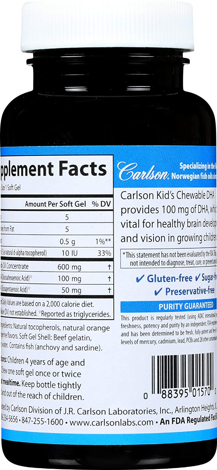 Carlson - Kid&#39;s Chewable DHA, 100 mg DHA, Brain &amp; Vision Function, Growth &amp; Development, Orange, 60 Chewable Softgels