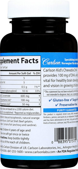 Carlson - Kid's Chewable DHA, 100 mg DHA, Brain & Vision Function, Growth & Development, Orange, 60 Chewable Softgels