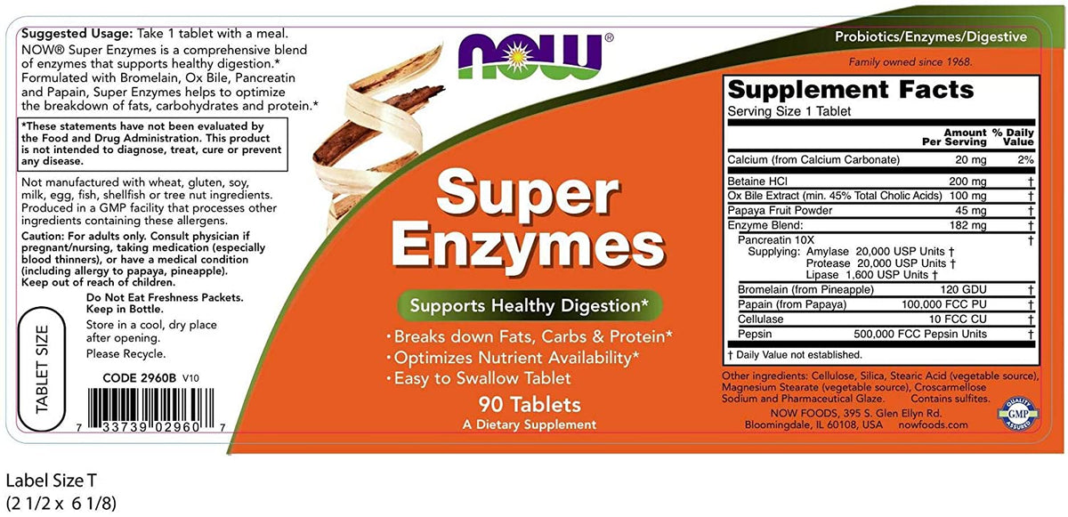 NOW Supplements, Super Enzymes, Formulated with Bromelain, Ox Bile, Pancreatin and Papain, Super Enzymes, 90 Tablets