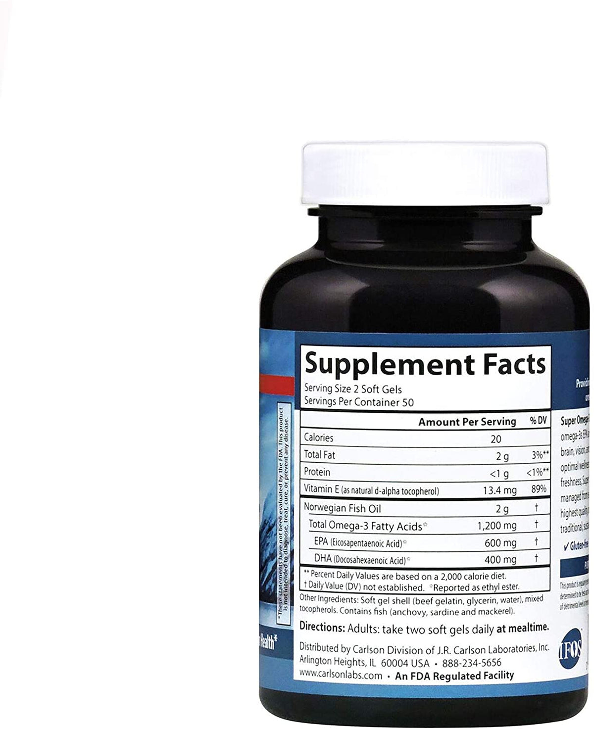 Carlson Super Omega-3 Gems, Norwegian, 1,200 mg Omega-3s, 100 Soft Gels