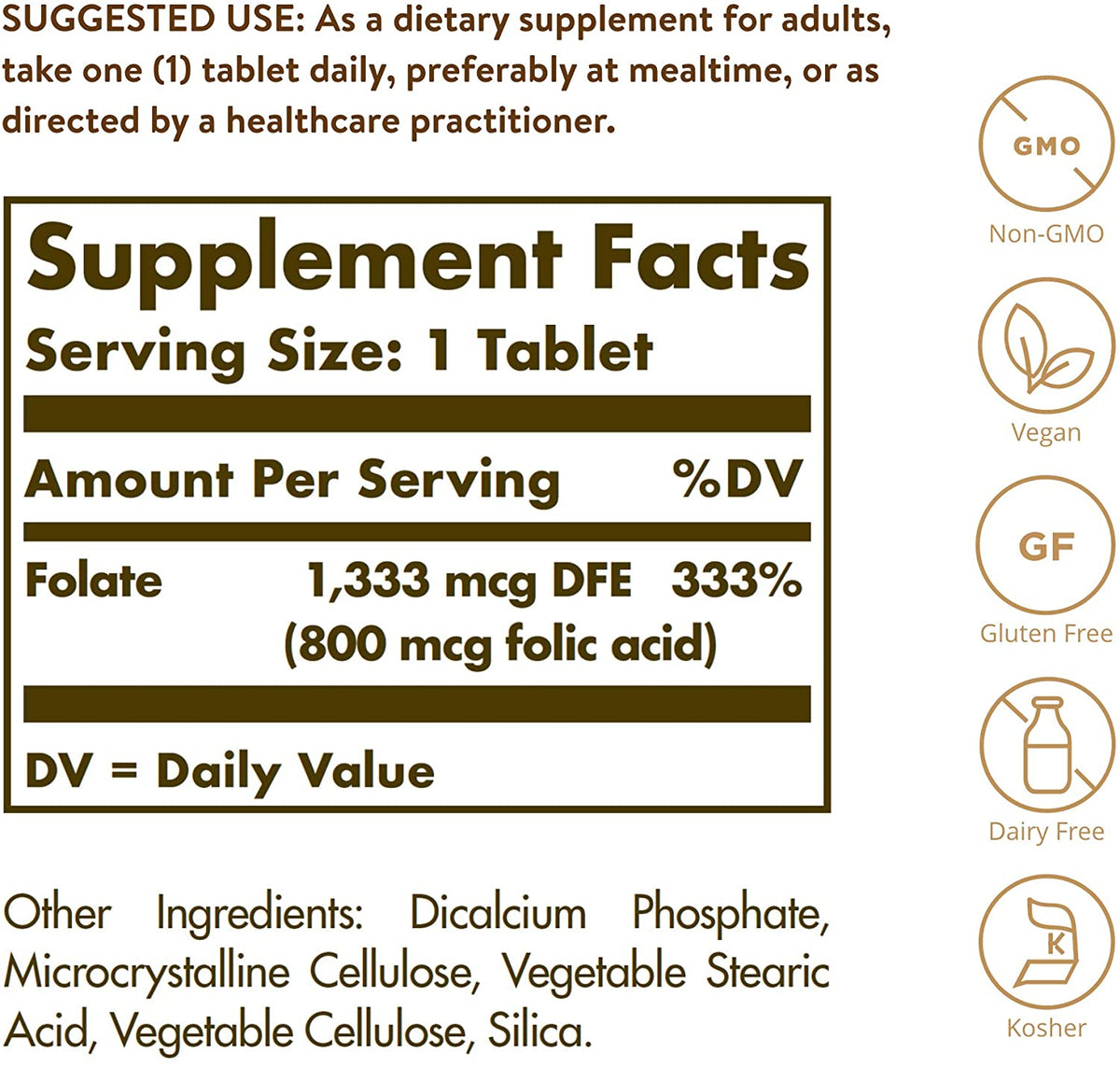 SOLGAR Folate 1,333 mcg DFE (Folic Acid 800 mcg) - 250 Tablets - Prenatal Support - Non-GMO, Vegan, Gluten Free, Dairy Free, Kosher, Halal - 250 Servings