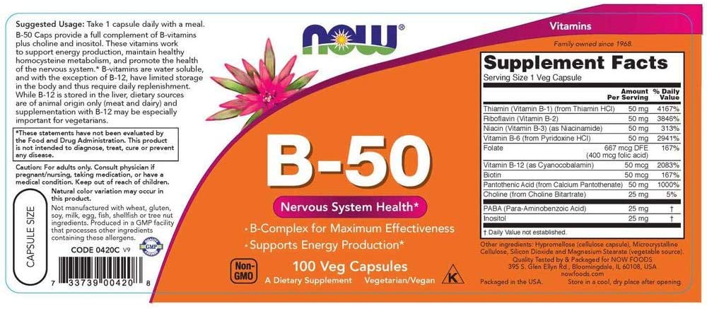 NOW Foods Supplements, Vitamin B-50 mg, Energy Production*, Nervous System Health*, 100 Veg Capsules