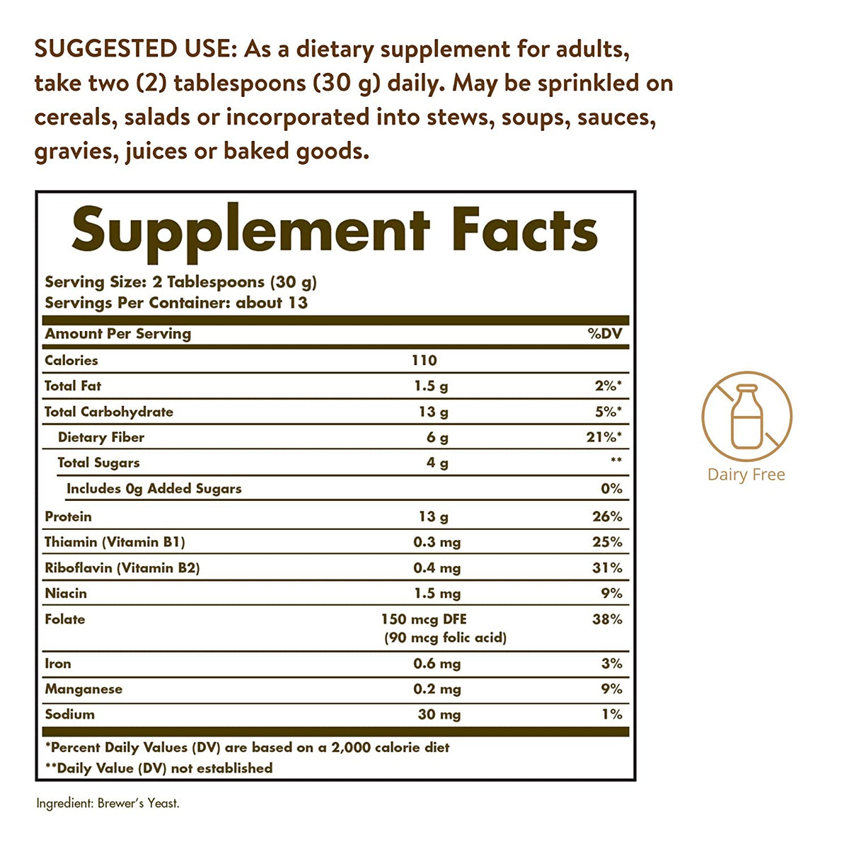 Solgar Brewer&#39;s Yeast Powder, 14 oz - Rich Source of Amino Acids, B-Complex Vitamins, Minerals, &amp; Protein - Natural, Unflavored, Unsweetened - Dairy Free, Vegetarian - 13 Servings