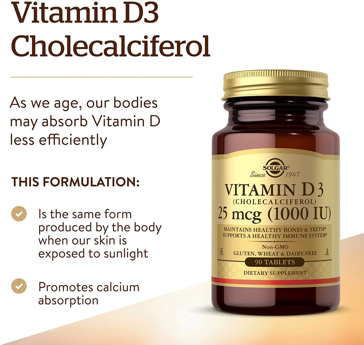 Solgar Vitamin D3 (Cholecalciferol) 25 mcg (1000 IU), 90 Tablets - Helps Maintain Healthy Bones &amp; Teeth - Immune System Support - Non-GMO, Gluten Free, Dairy Free, Kosher - 90 Servings
