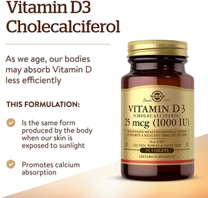 Solgar Vitamin D3 (Cholecalciferol) 25 mcg (1000 IU), 90 Tablets - Helps Maintain Healthy Bones & Teeth - Immune System Support - Non-GMO, Gluten Free, Dairy Free, Kosher - 90 Servings