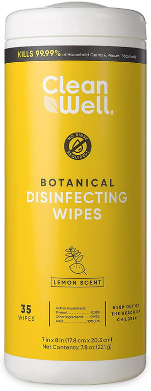 CleanWell Botanical Disinfecting Wipes, Lemon, 35 count (1 PK)-Kills 99.9% of Household Germs, Plant-Derived, No-Rinse Multi-Surface Antibacterial Cleaner, Family Friendly, Cruelty Free
